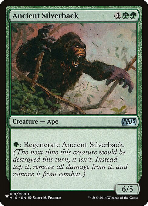 {G}: Regenerate Ancient Silverback. (The next time this creature would be destroyed this turn, it isn't. Instead tap it, remove all damage from it, and remove it from combat.)