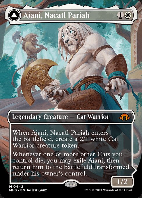 When Ajani, Nacatl Pariah enters the battlefield, create a 2/1 white Cat Warrior creature token.
Whenever one or more other Cats you control die, you may exile Ajani, then return him to the battlefield transformed under his owner's control.   +2: Put a +1/+1 counter on each Cat you control.
0: Create a 2/1 white Cat Warrior creature token. When you do, if you control a red permanent other than Ajani, Nacatl Avenger, he deals damage equal to the number of creatures you control to any target.
−4: 