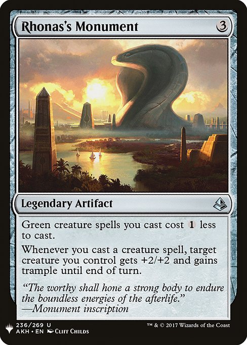 Green creature spells you cast cost {1} less to cast.
Whenever you cast a creature spell, target creature you control gets +2/+2 and gains trample until end of turn.
