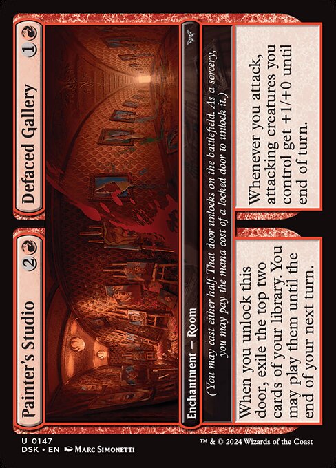 When you unlock this door, exile the top two cards of your library. You may play them until the end of your next turn.
(You may cast either half. That door unlocks on the battlefield. As a sorcery, you may pay the mana cost of a locked door to unlock it.)   Whenever you attack, attacking creatures you control get +1/+0 until end of turn.
(You may cast either half. That door unlocks on the battlefield. As a sorcery, you may pay the mana cost of a locked door to unlock it.)