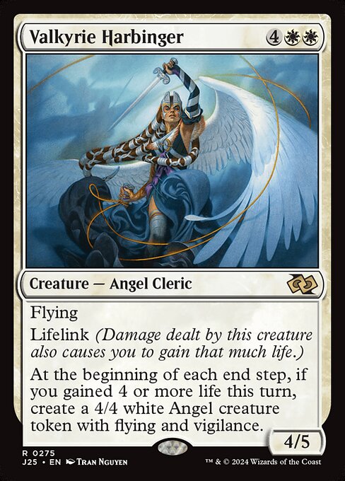 Flying
Lifelink (Damage dealt by this creature also causes you to gain that much life.)
At the beginning of each end step, if you gained 4 or more life this turn, create a 4/4 white Angel creature token with flying and vigilance.