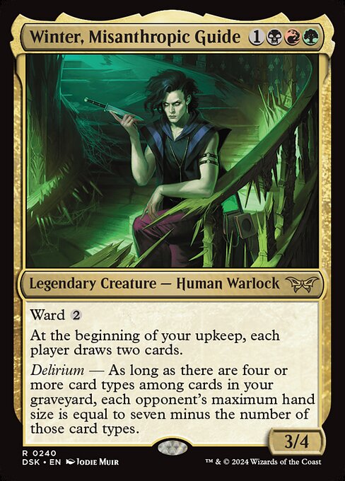 Ward {2}
At the beginning of your upkeep, each player draws two cards.
Delirium — As long as there are four or more card types among cards in your graveyard, each opponent's maximum hand size is equal to seven minus the number of those card types.