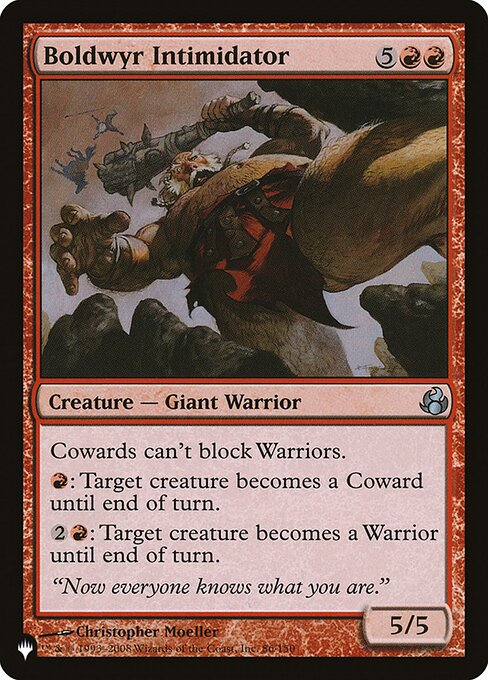 Cowards can't block Warriors.
{R}: Target creature becomes a Coward until end of turn.
{2}{R}: Target creature becomes a Warrior until end of turn.