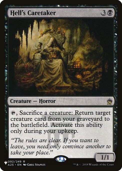 {T}, Sacrifice a creature: Return target creature card from your graveyard to the battlefield. Activate only during your upkeep.