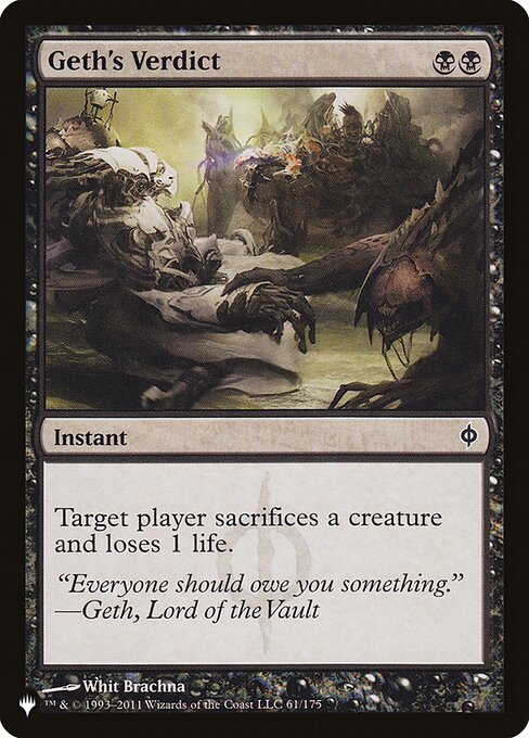 Target player sacrifices a creature and loses 1 life.