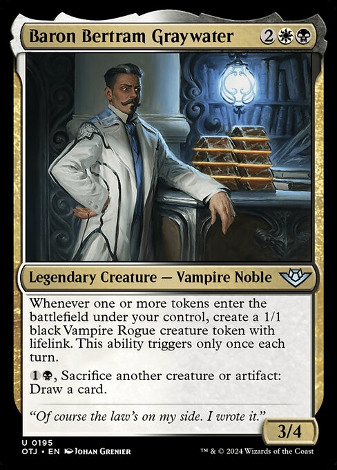 Whenever one or more tokens enter the battlefield under your control, create a 1/1 black Vampire Rogue creature token with lifelink. This ability triggers only once each turn.
{1}{B}, Sacrifice another creature or artifact: Draw a card.