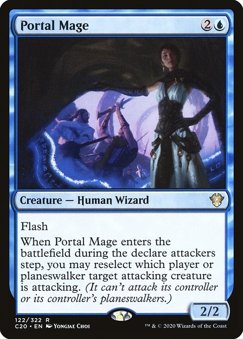Flash
When Portal Mage enters the battlefield during the declare attackers step, you may reselect which player or permanent target attacking creature is attacking. (It can't attack its controller or its controller's planeswalkers.)