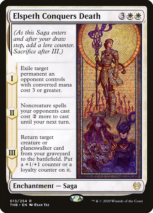 (As this Saga enters and after your draw step, add a lore counter. Sacrifice after III.)
I — Exile target permanent an opponent controls with mana value 3 or greater.
II — Noncreature spells your opponents cast cost {2} more to cast until your next turn.
III — Return target creature or planeswalker card from your graveyard to the battlefield. Put a +1/+1 counter or a loyalty counter on it.