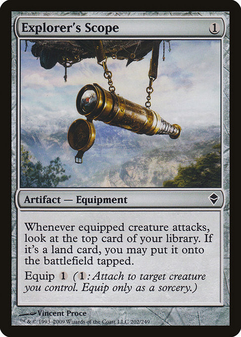 Whenever equipped creature attacks, look at the top card of your library. If it's a land card, you may put it onto the battlefield tapped.
Equip {1} ({1}: Attach to target creature you control. Equip only as a sorcery.)