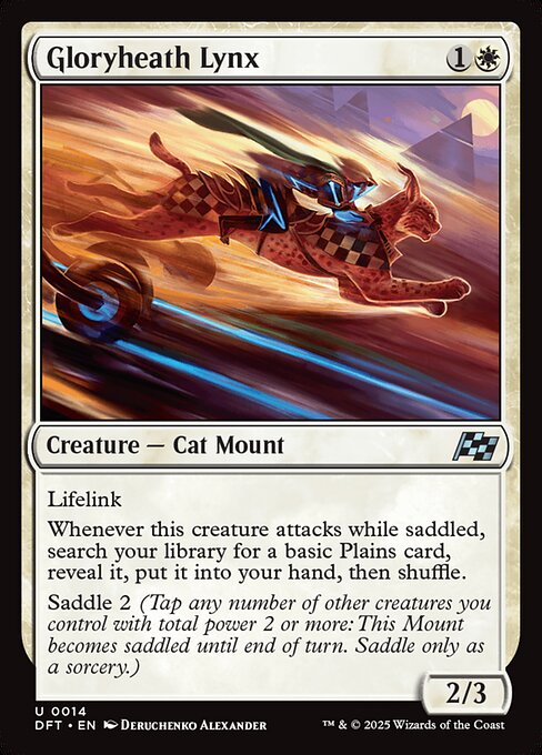 Lifelink
Whenever this creature attacks while saddled, search your library for a basic Plains card, reveal it, put it into your hand, then shuffle.
Saddle 2 (Tap any number of other creatures you control with total power 2 or more: This Mount becomes saddled until end of turn. Saddle only as a sorcery.)