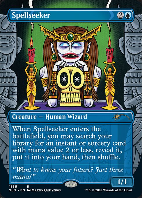 When Spellseeker enters the battlefield, you may search your library for an instant or sorcery card with mana value 2 or less, reveal it, put it into your hand, then shuffle.
