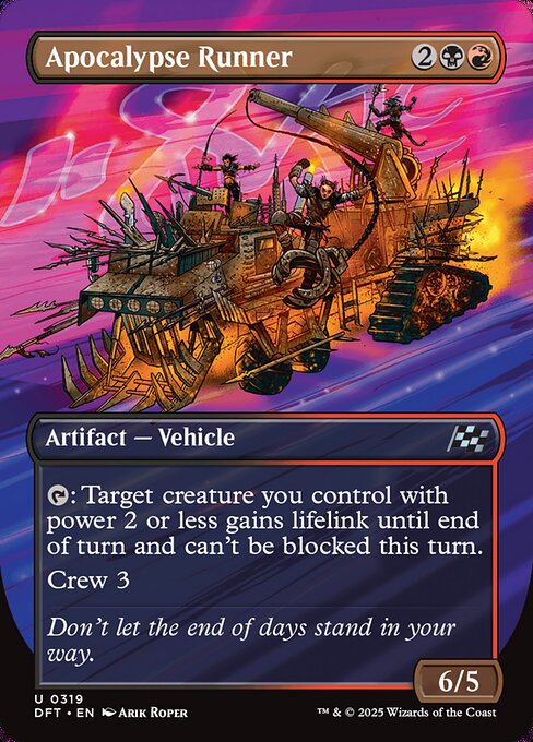 {T}: Target creature you control with power 2 or less gains lifelink until end of turn and can't be blocked this turn.
Crew 3 (Tap any number of creatures you control with total power 3 or more: This Vehicle becomes an artifact creature until end of turn.)
