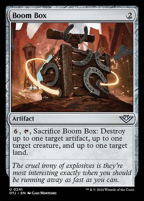 {6}, {T}, Sacrifice Boom Box: Destroy up to one target artifact, up to one target creature, and up to one target land.