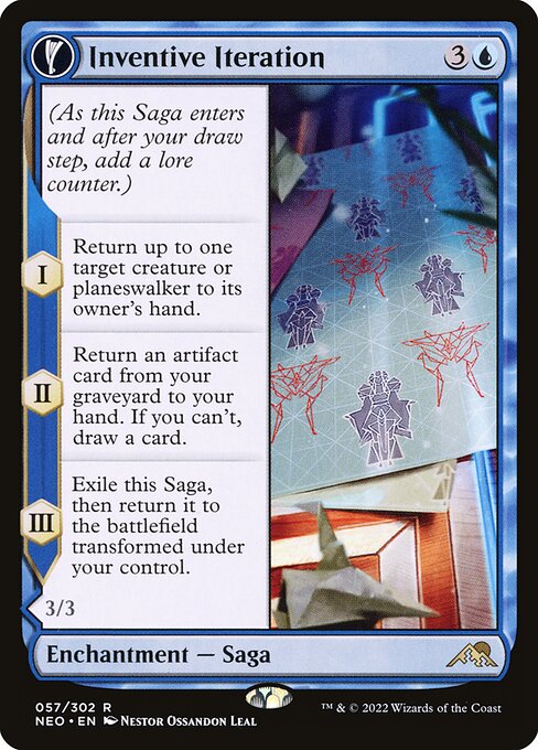 (As this Saga enters and after your draw step, add a lore counter.)
I — Return up to one target creature or planeswalker to its owner's hand.
II — Return an artifact card from your graveyard to your hand. If you can't, draw a card.
III — Exile this Saga, then return it to the battlefield transformed under your control.   Flying
Whenever you cast a spell, your opponents can't cast spells with the same mana value as that spell until your next turn.
