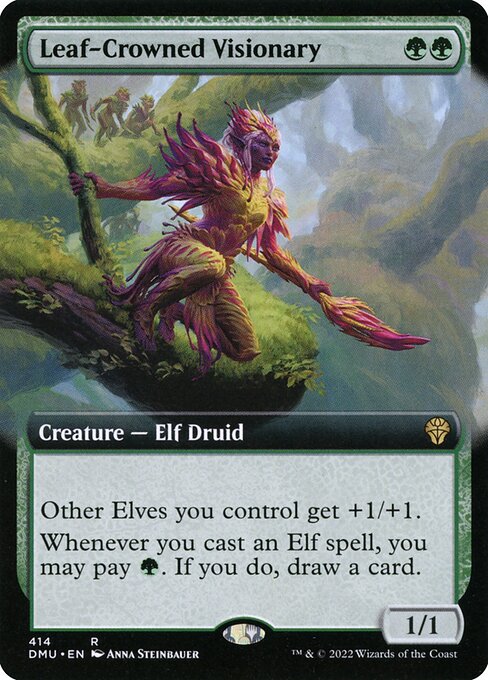 Other Elves you control get +1/+1.
Whenever you cast an Elf spell, you may pay {G}. If you do, draw a card.