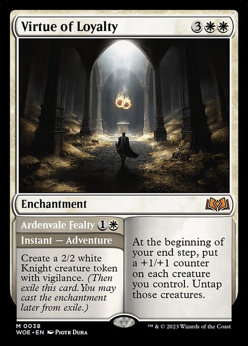 At the beginning of your end step, put a +1/+1 counter on each creature you control. Untap those creatures.   Create a 2/2 white Knight creature token with vigilance. (Then exile this card. You may cast the enchantment later from exile.)