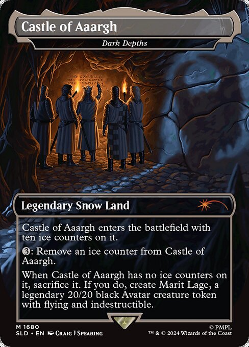 Dark Depths enters with ten ice counters on it.
{3}: Remove an ice counter from Dark Depths.
When Dark Depths has no ice counters on it, sacrifice it. If you do, create Marit Lage, a legendary 20/20 black Avatar creature token with flying and indestructible.