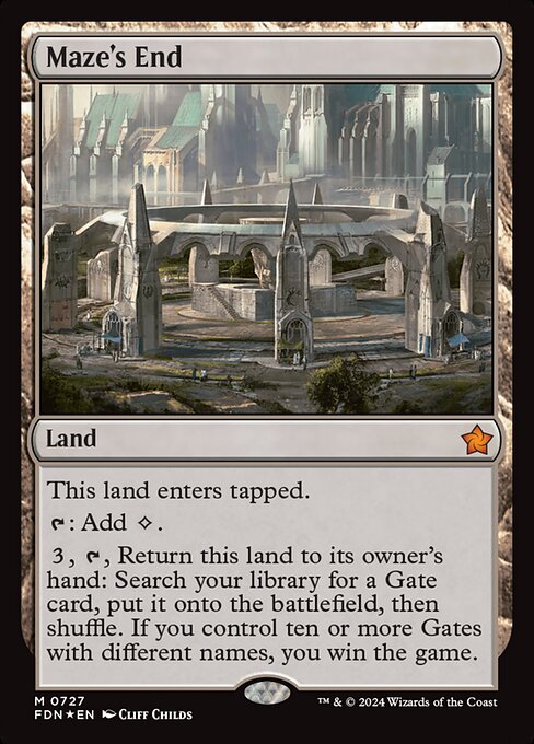 This land enters tapped.
{T}: Add {C}.
{3}, {T}, Return this land to its owner's hand: Search your library for a Gate card, put it onto the battlefield, then shuffle. If you control ten or more Gates with different names, you win the game.