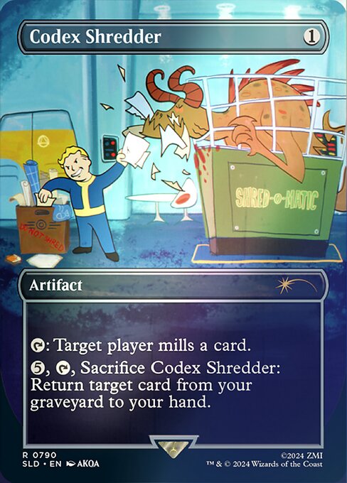 {T}: Target player mills a card. (They put the top card of their library into their graveyard.)
{5}, {T}, Sacrifice Codex Shredder: Return target card from your graveyard to your hand.