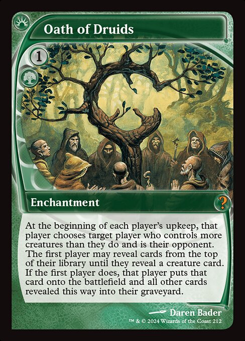 At the beginning of each player's upkeep, that player chooses target player who controls more creatures than they do and is their opponent. The first player may reveal cards from the top of their library until they reveal a creature card. If the first player does, that player puts that card onto the battlefield and all other cards revealed this way into their graveyard.