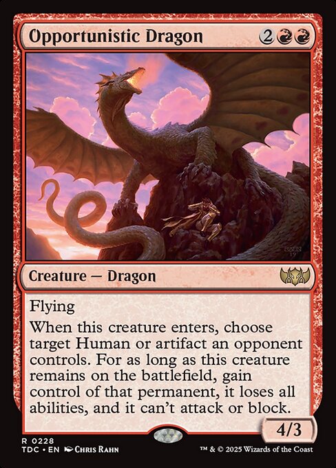 Flying
When this creature enters, choose target Human or artifact an opponent controls. For as long as this creature remains on the battlefield, gain control of that permanent, it loses all abilities, and it can't attack or block.