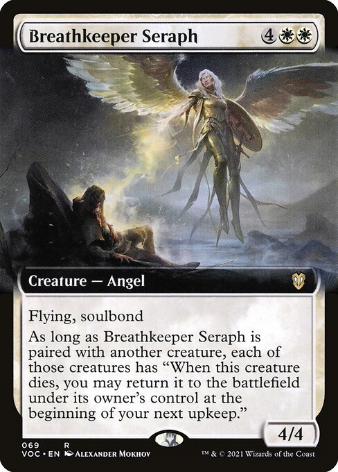 Flying, soulbond (You may pair this creature with another unpaired creature when either enters the battlefield. They remain paired for as long as you control both of them.)
As long as Breathkeeper Seraph is paired with another creature, each of those creatures has "When this creature dies, you may return it to the battlefield under its owner's control at the beginning of your next upkeep."