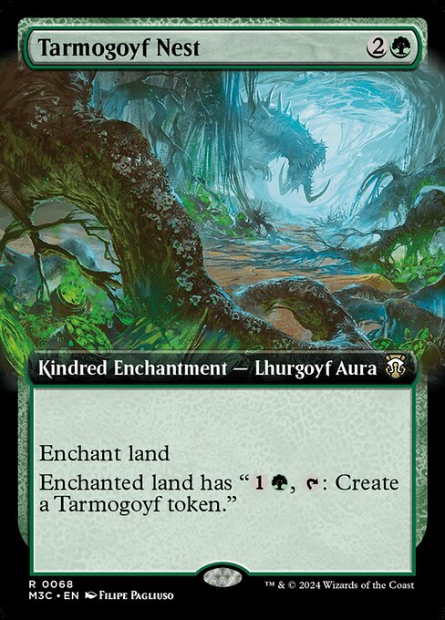 Enchant land
Enchanted land has "{1}{G}, {T}: Create a Tarmogoyf token." (It's a {1}{G} Lhurgoyf creature with "Tarmogoyf's power is equal to the number of card types among cards in all graveyards and its toughness is equal to that number plus 1.")