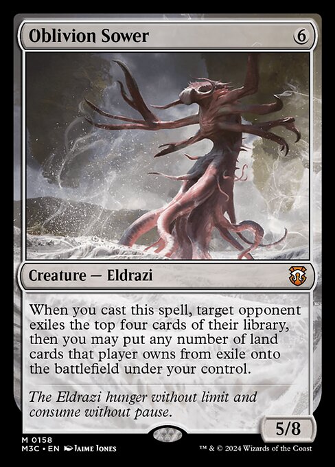 When you cast this spell, target opponent exiles the top four cards of their library, then you may put any number of land cards that player owns from exile onto the battlefield under your control.
