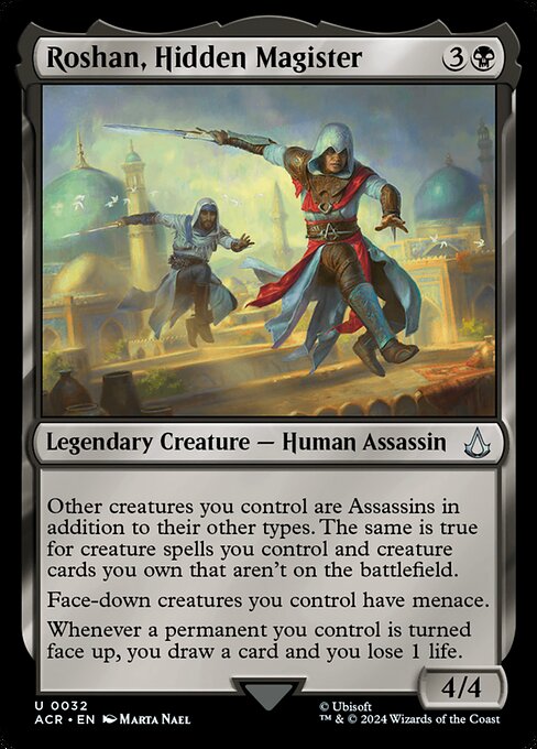 Other creatures you control are Assassins in addition to their other types. The same is true for creature spells you control and creature cards you own that aren't on the battlefield.
Face-down creatures you control have menace.
Whenever a permanent you control is turned face up, you draw a card and you lose 1 life.