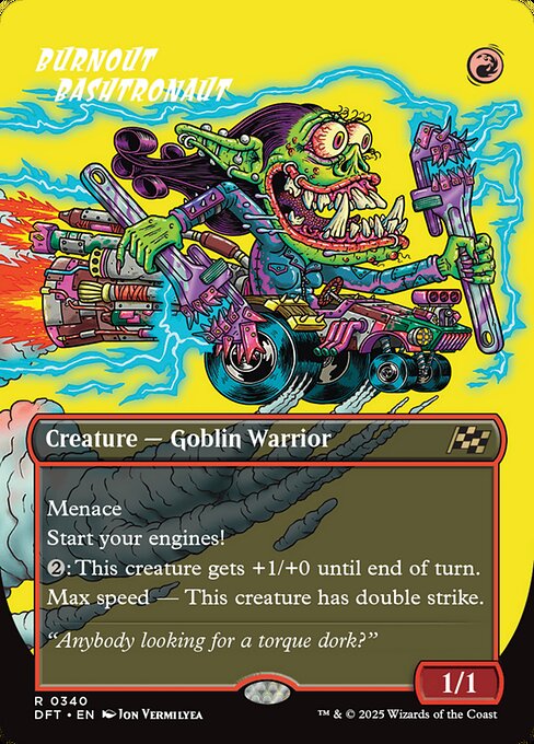 Menace
Start your engines! (If you have no speed, it starts at 1. It increases once on each of your turns when an opponent loses life. Max speed is 4.)
{2}: This creature gets +1/+0 until end of turn.
Max speed — This creature has double strike.