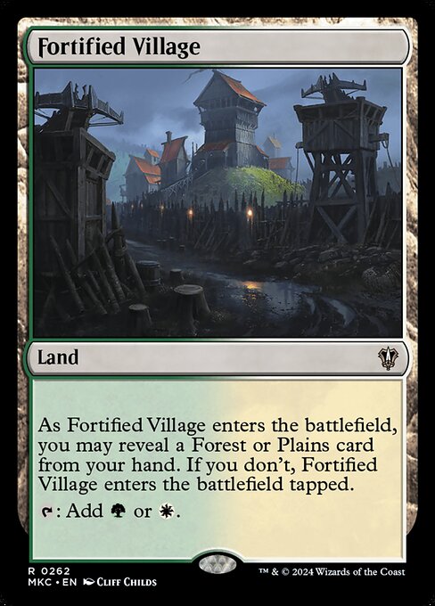 As Fortified Village enters the battlefield, you may reveal a Forest or Plains card from your hand. If you don't, Fortified Village enters the battlefield tapped.
{T}: Add {G} or {W}.