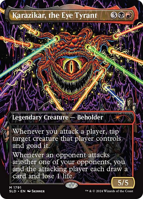 Whenever you attack a player, tap target creature that player controls and goad it. (Until your next turn, that creature attacks each combat if able and attacks a player other than you if able.)
Whenever an opponent attacks another one of your opponents, you and the attacking player each draw a card and lose 1 life.