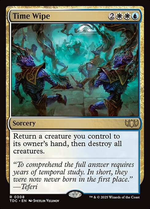 Return a creature you control to its owner's hand, then destroy all creatures.
