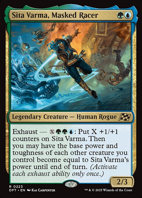 Exhaust — {X}{G}{G}{U}: Put X +1/+1 counters on Sita Varma. Then you may have the base power and toughness of each other creature you control become equal to Sita Varma's power until end of turn. (Activate each exhaust ability only once.)