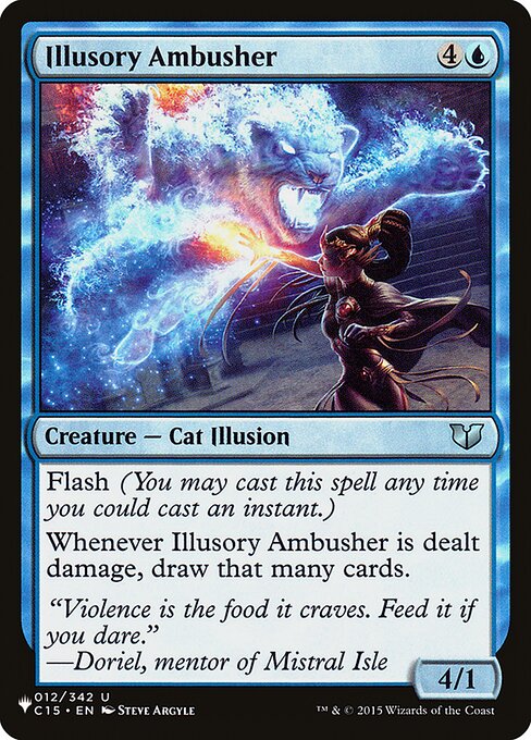 Flash (You may cast this spell any time you could cast an instant.)
Whenever Illusory Ambusher is dealt damage, draw that many cards.