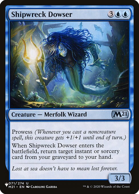 Prowess (Whenever you cast a noncreature spell, this creature gets +1/+1 until end of turn.)
When Shipwreck Dowser enters, return target instant or sorcery card from your graveyard to your hand.