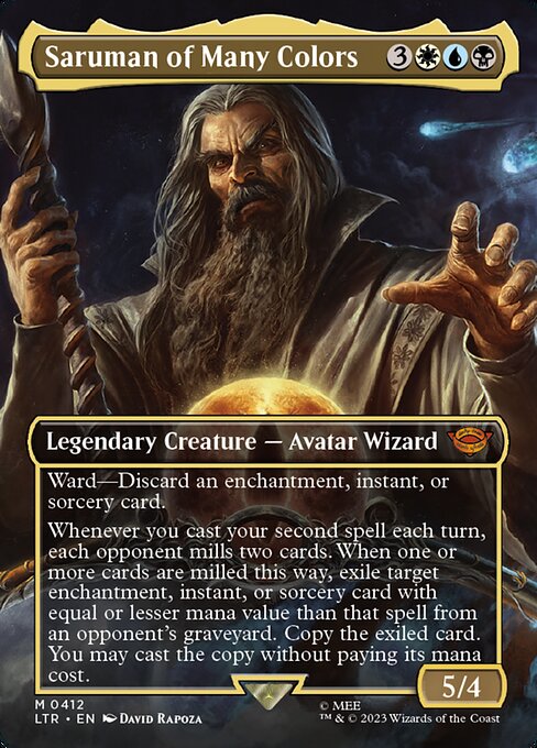 Ward—Discard an enchantment, instant, or sorcery card.
Whenever you cast your second spell each turn, each opponent mills two cards. When one or more cards are milled this way, exile target enchantment, instant, or sorcery card with equal or lesser mana value than that spell from an opponent's graveyard. Copy the exiled card. You may cast the copy without paying its mana cost.