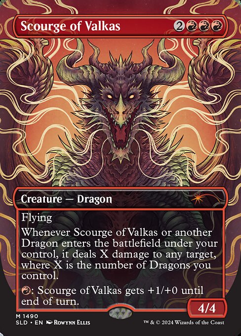 Flying
Whenever this creature or another Dragon you control enters, it deals X damage to any target, where X is the number of Dragons you control.
{R}: This creature gets +1/+0 until end of turn.