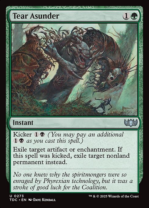 Kicker {1}{B} (You may pay an additional {1}{B} as you cast this spell.)
Exile target artifact or enchantment. If this spell was kicked, exile target nonland permanent instead.