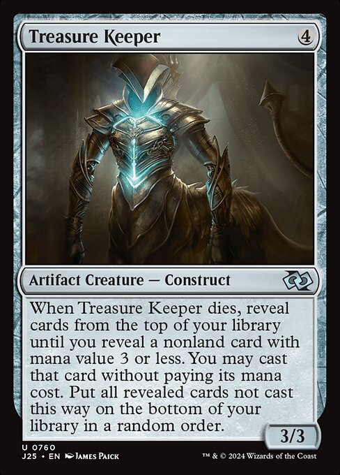 When Treasure Keeper dies, reveal cards from the top of your library until you reveal a nonland card with mana value 3 or less. You may cast that card without paying its mana cost. Put all revealed cards not cast this way on the bottom of your library in a random order.