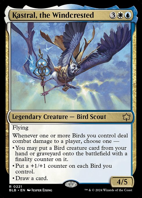 Flying
Whenever one or more Birds you control deal combat damage to a player, choose one —
• You may put a Bird creature card from your hand or graveyard onto the battlefield with a finality counter on it.
• Put a +1/+1 counter on each Bird you control.
• Draw a card.