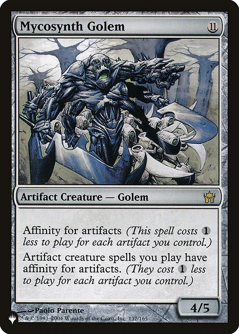Affinity for artifacts (This spell costs {1} less to cast for each artifact you control.)
Artifact creature spells you cast have affinity for artifacts. (They cost {1} less to cast for each artifact you control.)