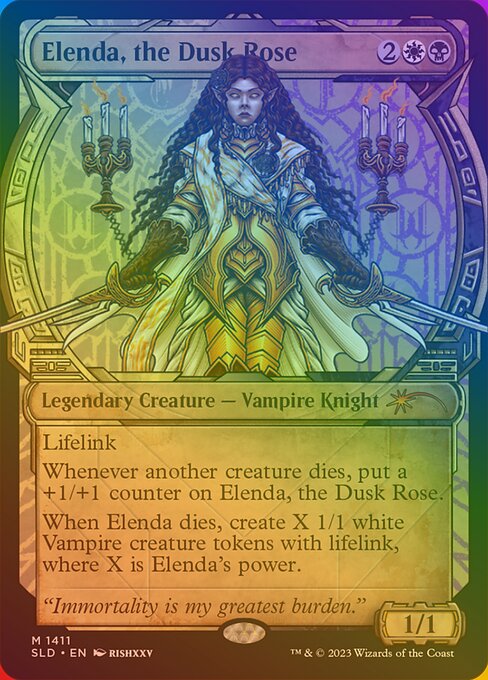 Lifelink
Whenever another creature dies, put a +1/+1 counter on Elenda, the Dusk Rose.
When Elenda dies, create X 1/1 white Vampire creature tokens with lifelink, where X is Elenda's power.