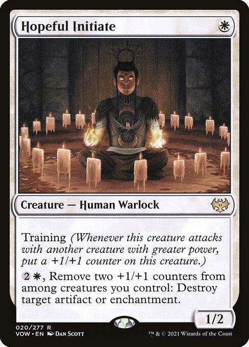 Training (Whenever this creature attacks with another creature with greater power, put a +1/+1 counter on this creature.)
{2}{W}, Remove two +1/+1 counters from among creatures you control: Destroy target artifact or enchantment.