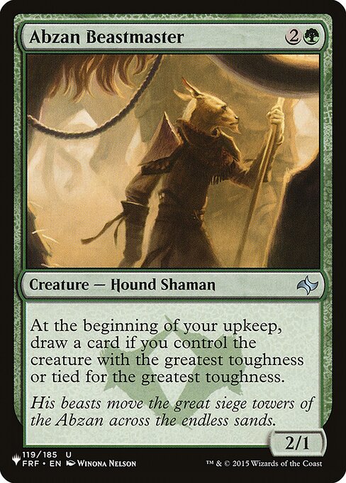 At the beginning of your upkeep, draw a card if you control the creature with the greatest toughness or tied for the greatest toughness.