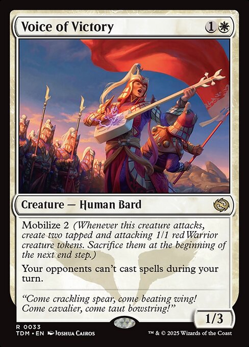 Mobilize 2 (Whenever this creature attacks, create two tapped and attacking 1/1 red Warrior creature tokens. Sacrifice them at the beginning of the next end step.)
Your opponents can't cast spells during your turn.