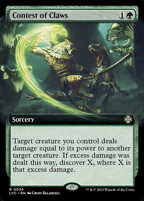 Target creature you control deals damage equal to its power to another target creature. If excess damage was dealt this way, discover X, where X is that excess damage. (Exile cards from the top of your library until you exile a nonland card with that mana value or less. Cast it without paying its mana cost or put it into your hand. Put the rest on the bottom in a random order.)