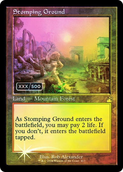 ({T}: Add {R} or {G}.)
As Stomping Ground enters the battlefield, you may pay 2 life. If you don't, it enters the battlefield tapped.
