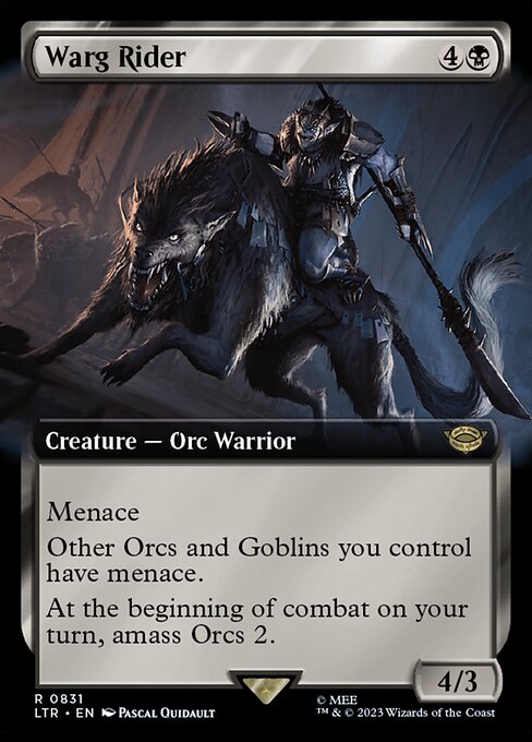 Menace
Other Orcs and Goblins you control have menace.
At the beginning of combat on your turn, amass Orcs 2. (Put two +1/+1 counters on an Army you control. It's also an Orc. If you don't control an Army, create a 0/0 black Orc Army creature token first.)
