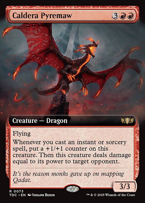Flying
Whenever you cast an instant or sorcery spell, put a +1/+1 counter on this creature. Then this creature deals damage equal to its power to target opponent.